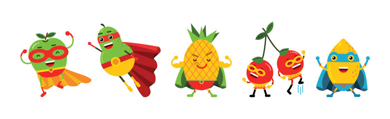 Funny Juicy Fruits in Superhero Cloak and Cape Vector Set