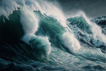  a painting of a wave crashing in the ocean with a dark sky background and a black frame around it that has a picture of a boat in the water and a boat in the water.