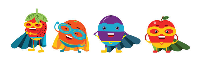 Funny Juicy Fruits in Superhero Cloak and Cape Vector Set