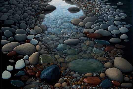  a painting of a river surrounded by rocks and pebbles with a sky in the background and a reflection of the water in the water below, and a bridge in the middle of the picture.