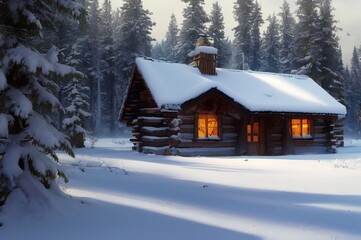 Digital painting of a cabin in the forest during winter, Generative AI