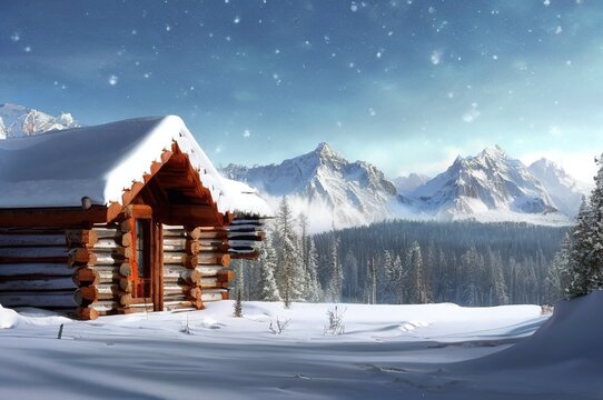 Digital painting of a cabin in the forest during winter, Generative AI