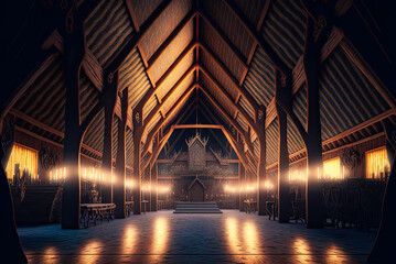 Viking longhouse interior. Generative AI - obrazy, fototapety, plakaty