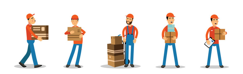 Delivery Man or Carrier in Red Cap Carrying Cardboard Box Vector Set
