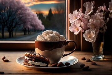  a cup of coffee with a dessert on a saucer and a vase of flowers on a table with a window in the background and a sunset behind it, with pink flowers in the foreground. Generative AI