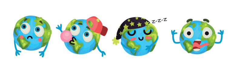 Funny Planet Earth with Face Expression and Arms Vector Set