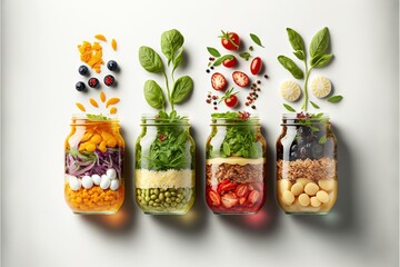  a group of jars filled with different types of food and vegetables, all with different ingredients in them, all on a white background, with a shadow from above the top view, above.