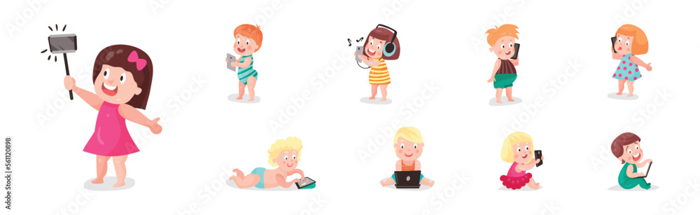Poster little kids using mobile gadget browsing in the internet vector set