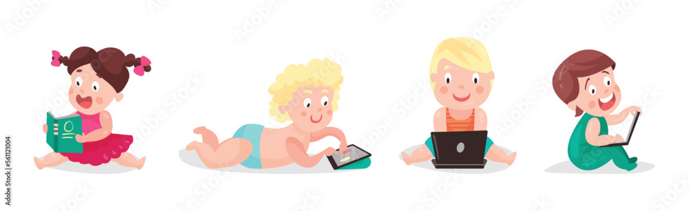 Poster little kids using mobile gadget browsing in the internet vector set