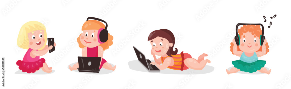 Poster little kids using mobile gadget browsing in the internet vector set
