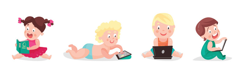 Little Kids Using Mobile Gadget Browsing in the Internet Vector Set