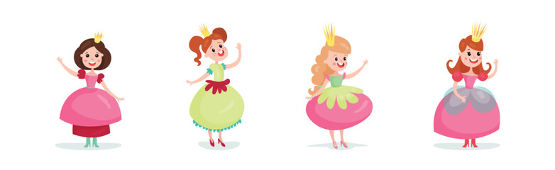 Young Girl Princess Wearing Royal Clothing and Crown on Her Head Vector Set © Happypictures