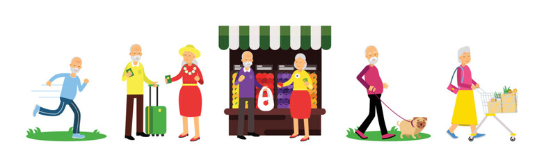 Senior Man and Woman on Retirement Spending Free Time Engaged in Hobby Activity Vector Set