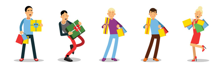 Man and Woman Carrying Shopping Bags with Purchases Vector Set
