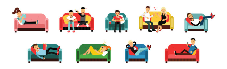 Man and Woman at Home Having Rest Relaxing on Sofa and Armchair Vector Set