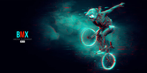 Abstract silhouette of a bmx rider, man is doing a trick, isolated on black background. Cycling sport transport. Vector illustration