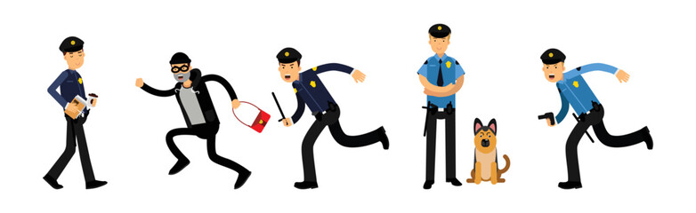 Man Police Officer in Uniform Working Performing His Duty Vector Set