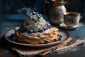  a plate with a cake on it and a cup of coffee next to it on a table with a cloth and a teapot on it, and a plate with a fork and a cup.