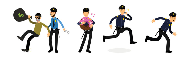 Man Police Officer in Uniform Working Performing His Duty Vector Set