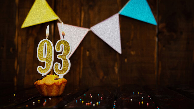 Beautiful anniversary background happy birthday with a golden number in a cake. Decoration background for a birthday with a number 93