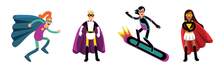 Man and Woman Superhero Wearing Cape Having Super Power Vector Set