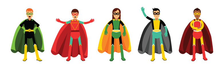 Man and Woman Superhero Wearing Cape Having Super Power Vector Set