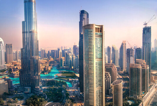 Dubai, UAE 2022.  Burj Khalifa and Dubai city centre view at sunset
