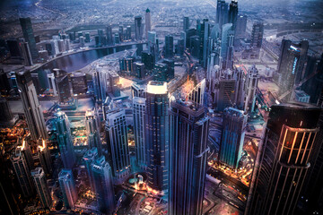 Dubai, UAE 2022. Dubai city view at sunset, Sheik Zayed Road main junction with cars and tube line