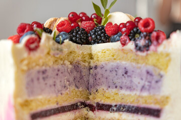 Fruits sponge cake with souffle and fruit filling in section. Delicious dessert decorated with fresh berries. Close-up