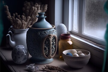  a vase sitting on a window sill next to a bowl of eggs and a vase with flowers in it on a window sill next to a window sill with a vase and eggs.