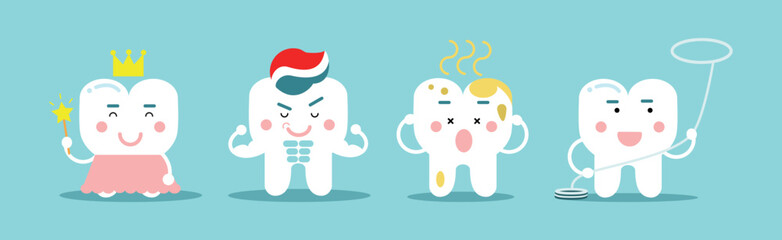 Dental Hygiene with White Teeth on Blue Background Vector Set