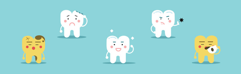 Dental Hygiene with White Teeth on Blue Background Vector Set