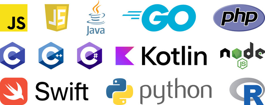 Set of Programming Languages. Python, JavaScript, Java, C#, C, C++, Go, R, Swift, PHP. PNG 