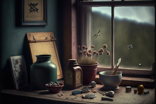  a window sill with a bowl of flowers and a vase on it, and a picture of a bird flying over it, and a picture of a bird, and a bird,.