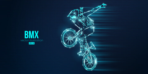 Abstract silhouette of a bmx rider, man is doing a trick, isolated on blue background. Cycling sport transport. Vector illustration