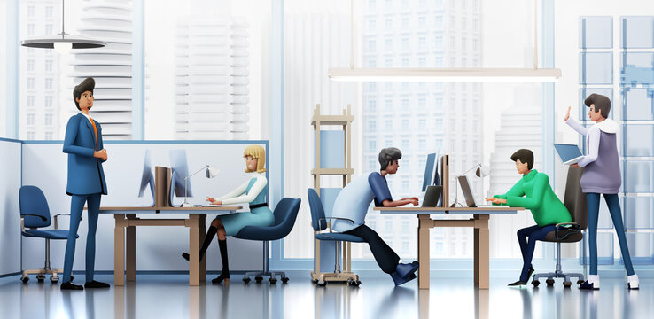 Business people are working in big modern office. Open space interior, successful business team 3D rendering illustration