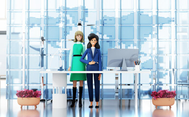 Big modern office interior with reception desk and two pretty receptionists. 3D rendering illustration