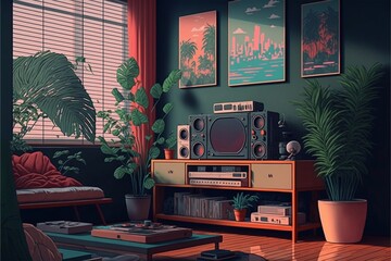 Lofi living room, beautiful chill, atmospheric wallpaper. background. lo-fi, hip-hop style. Anime and manga style.