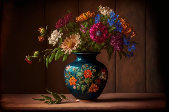  a painting of a vase with flowers in it on a table top with a wooden background and a wooden wall behind it, with a green leaf and a few other flowers in the vase.