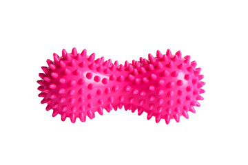 Pink double or peanut spikey ball massager for yoga pilates or stretching and fascia pain. Sports equipment for fitness isolated on a white background. Concept of sports massage.