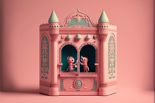  a pink and green clock tower with two people inside of it on a pink background with a pink backdrop and a pink wall with a pink background with a pink wall and white border and.