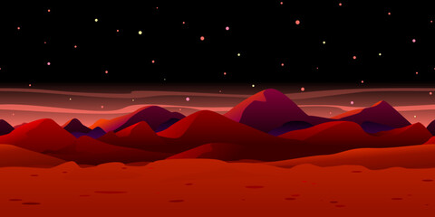 Martian red night landscape background tileable horizontally, sand hills with stones on a deserted planet, futuristic sunrise in dangerous deadly place with starry sky © Oceloti
