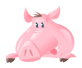 One big cartoon face of hungry pig with tongue and big nose isolated on white, banner head of pink pig with hoofs, hungry concept illustration