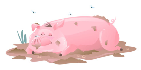 One dirty pig cartoon lies on mud and sleeps, sleeping pig in the middle of puddle with mud and flies, isolated on white