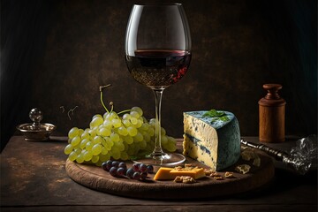  a glass of wine and a cheese board with grapes and crackers on a table with a bottle of wine and a corkscrew on the table with a cork and a cork on the.