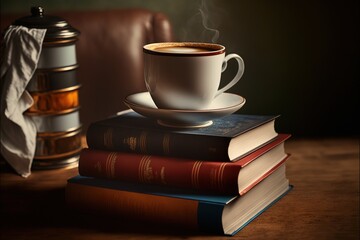  a stack of books and a cup of coffee on a table with a lamp and a lamp shade on it and a stack of books on the table with a lamp and a pillow on the.