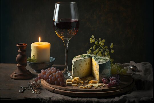  a cheese board with a glass of wine and a candle on a table with grapes and cheeses on it and a candle holder with a candle in the middle of the picture is on the.