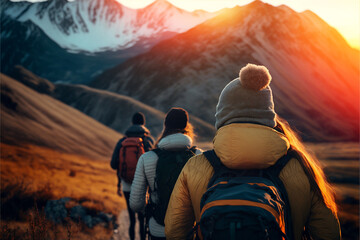 Fototapeta Group tourists of hiker sporty people walks in mountains at sunset with backpacks. Concept adventure with copy space. Generation AI obraz