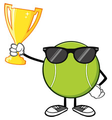 Tennis Ball Faceless Cartoon Mascot Character With Sunglasses Holding A Trophy Cup. Hand Drawn Illustration Isolated On Transparent Background