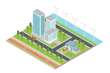 Eco isometric city with office buildings and renewable solar wind power station. Cars drive, people ride bicycles. Vector image concept.